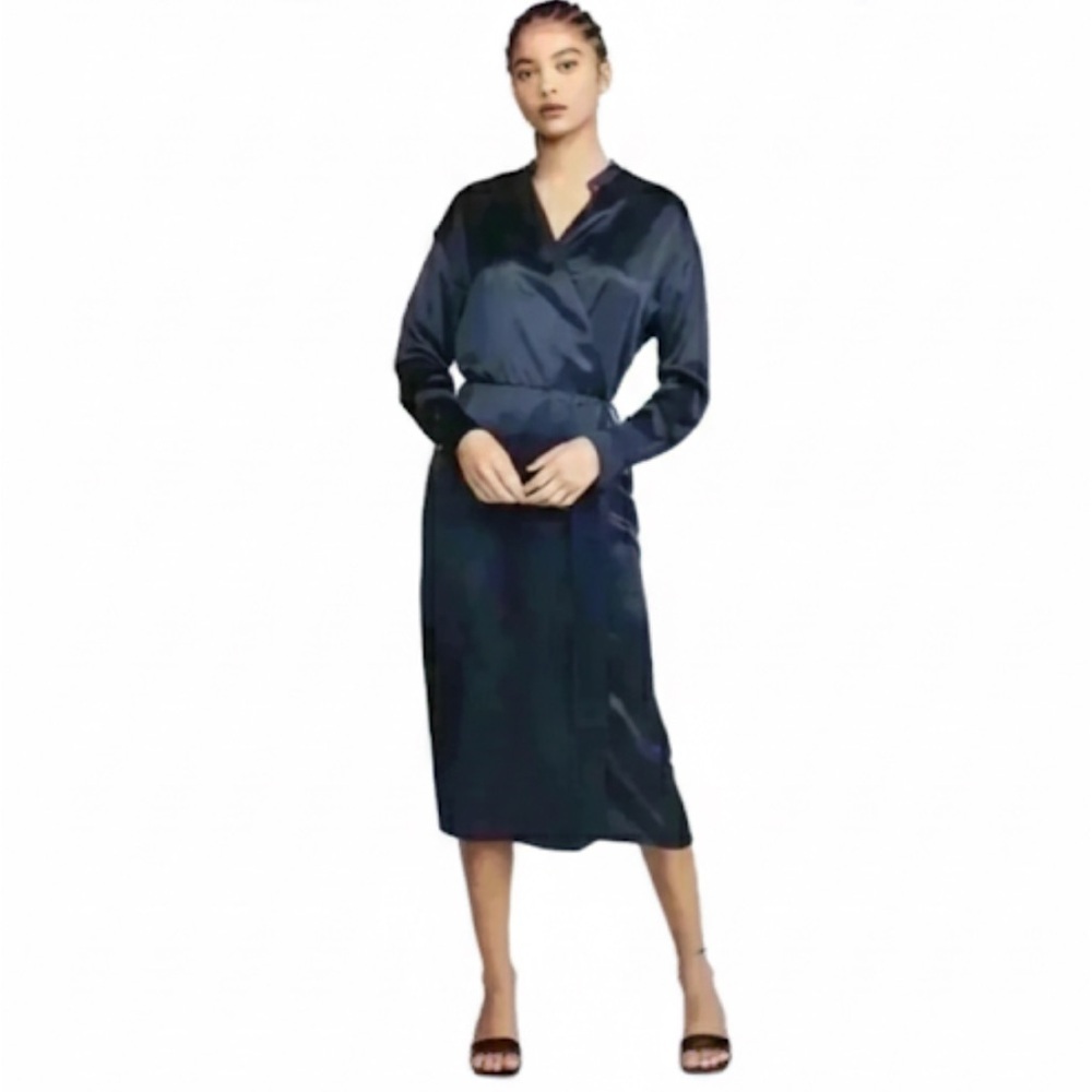 Vince Silk Charmeuse Long-Sleeve Wrap Dress In Baltic (Navy) Size Small EUC!